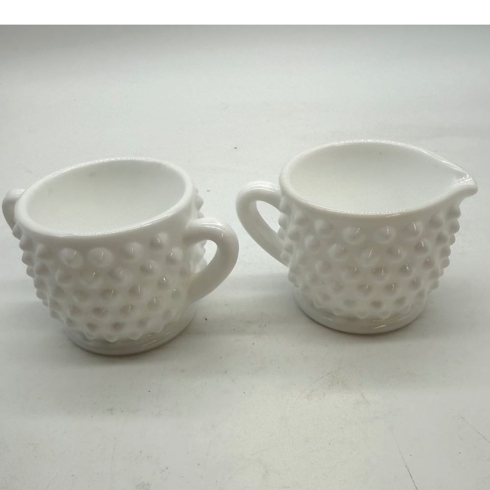 Fenton White Milk Glass Hobnail Creamer and Sugar Bowl Set Vintage MCM